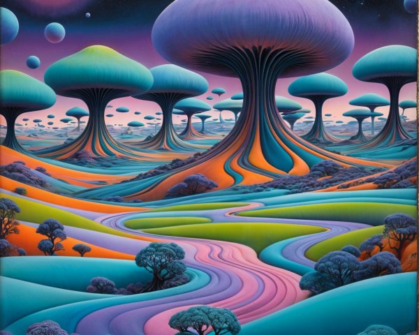 Surreal Landscape with Colorful Mushroom Trees