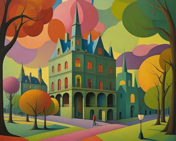 Whimsical Landscape with Vibrant Castle and Trees