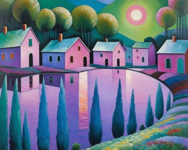 Vibrant Abstract Landscape with Charming Houses and Lake