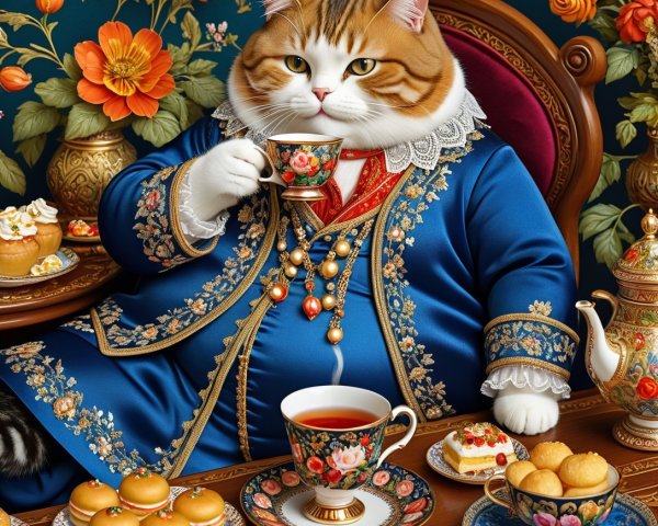 Regal Cat in Blue Coat at Lavish Tea Party