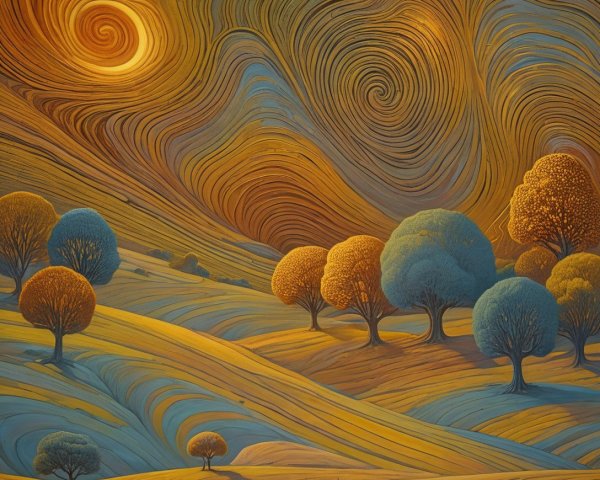 Vibrant Landscape with Swirling Hills and Stylized Trees