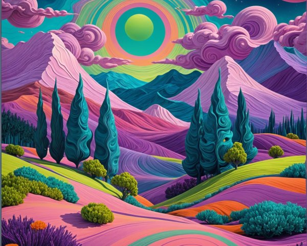 Surreal Landscape with Colorful Flora and Mountains