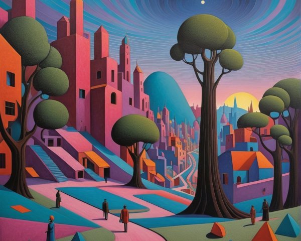 Surreal Cityscape with Colorful Buildings and Trees