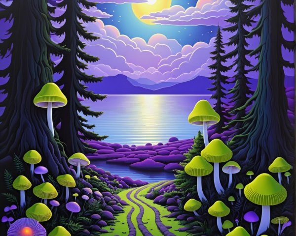 Serene Landscape with Moonlit Lake and Vibrant Mushrooms