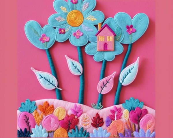 Whimsical Embroidered Landscape with Colorful Flowers