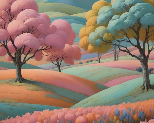 Vibrant Landscape with Pastel Hills and Whimsical Trees