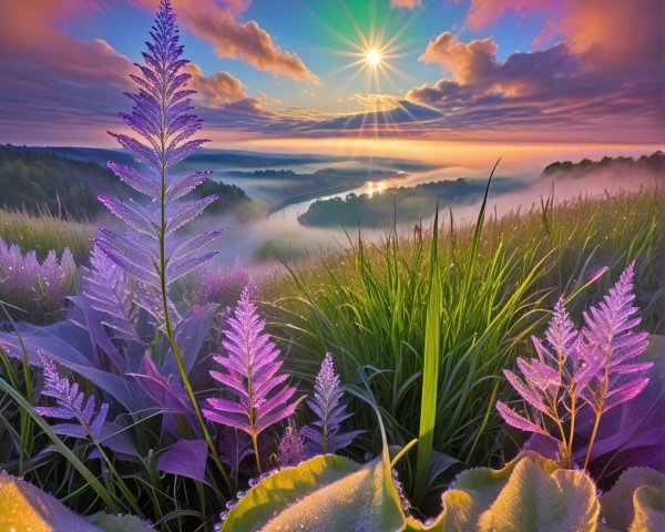 Breathtaking Sunrise Over Tranquil Landscape and Foliage