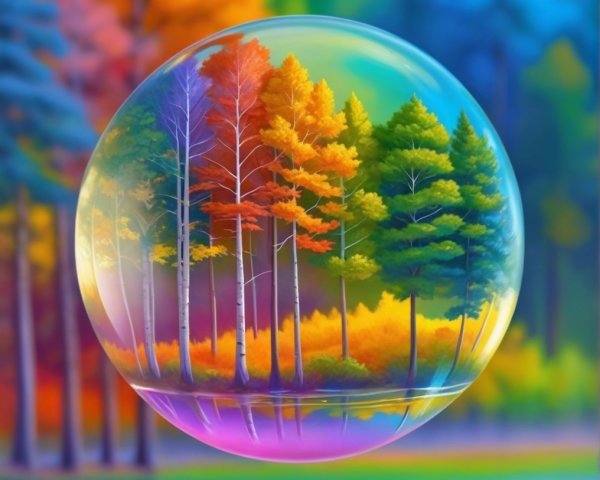 Iridescent Bubble Over a Colorful Forest Scene