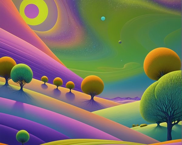 Surreal Landscape with Colorful Hills and Trees