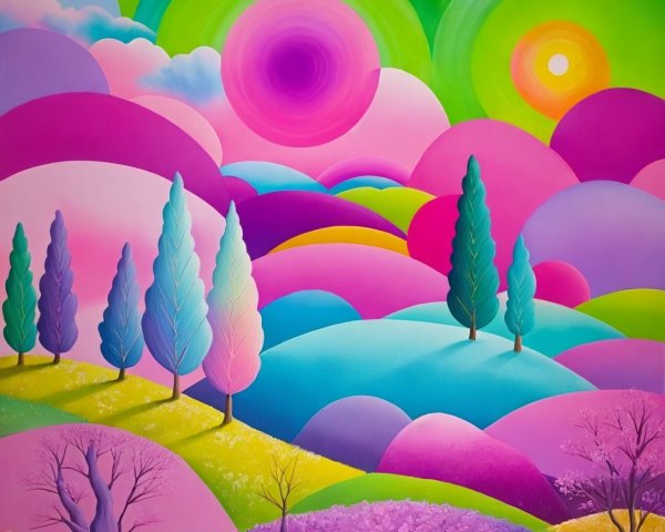 Vibrant Landscape Painting with Dreamy Colors and Shapes