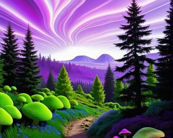 Vibrant Landscape with Colorful Mushrooms and Trees