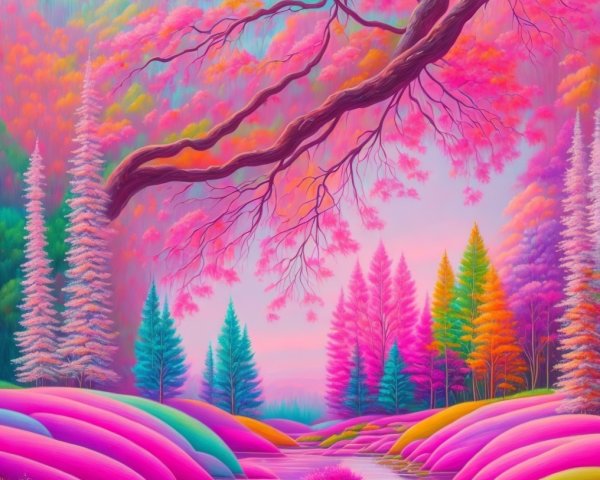 Surreal Landscape with Colorful Trees and Stream