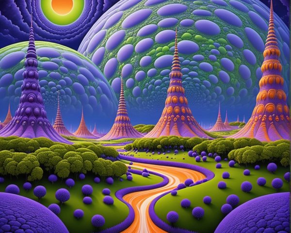 Surreal Landscape with Spire Structures and Glowing Spheres