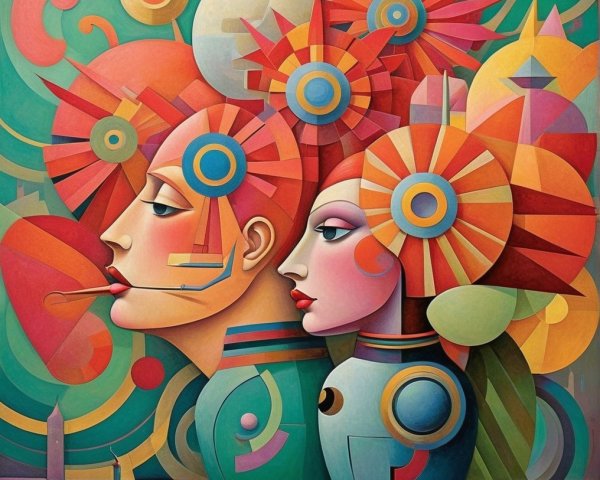 Stylized Human Profiles with Vibrant Background Art