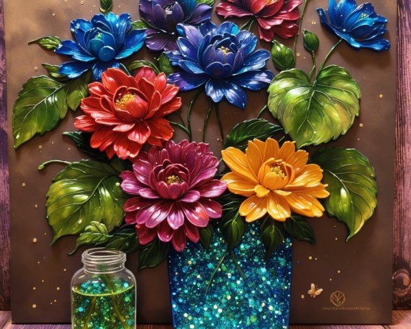 Vibrant Three-Dimensional Floral Arrangement with Glitter