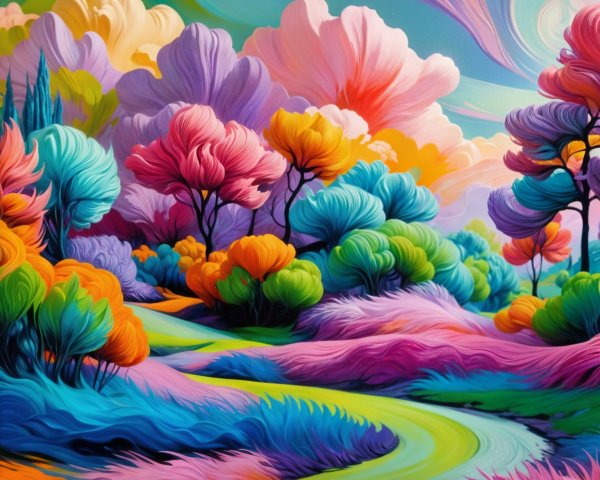 Vibrant Fantasy Landscape with Colorful Swirling Clouds