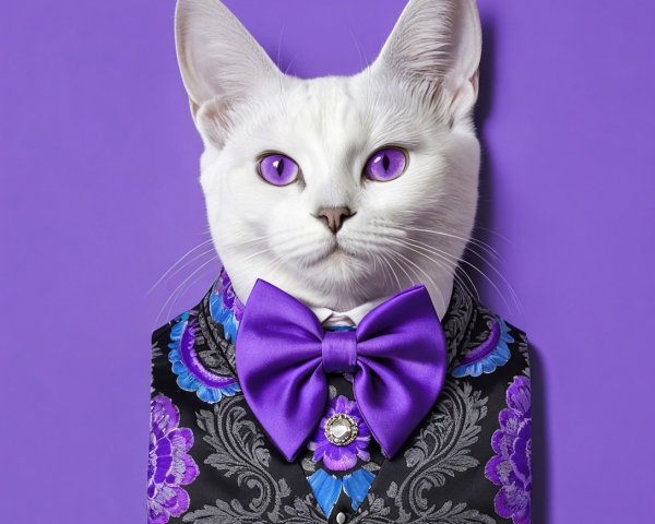 White Cat with Purple Eyes in Elegant Black Vest