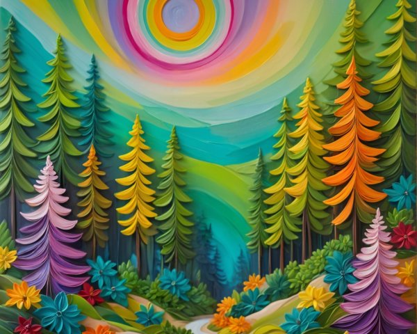 Vibrant Landscape Painting with Whimsical Sky and Trees