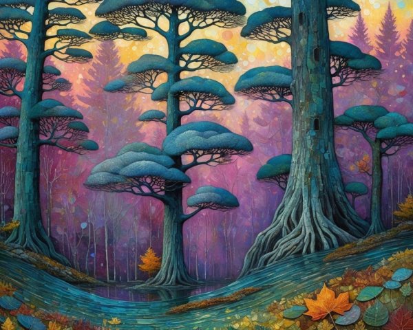 Vibrant Landscape with Stylized Trees and Twilight Sky