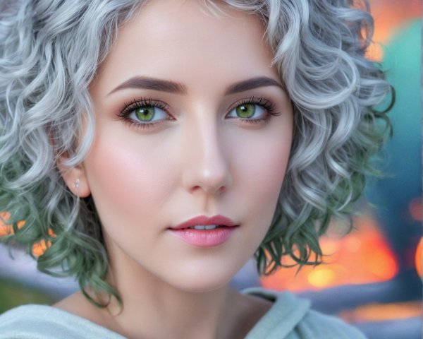 Young woman with greyish-green hair and green eyes