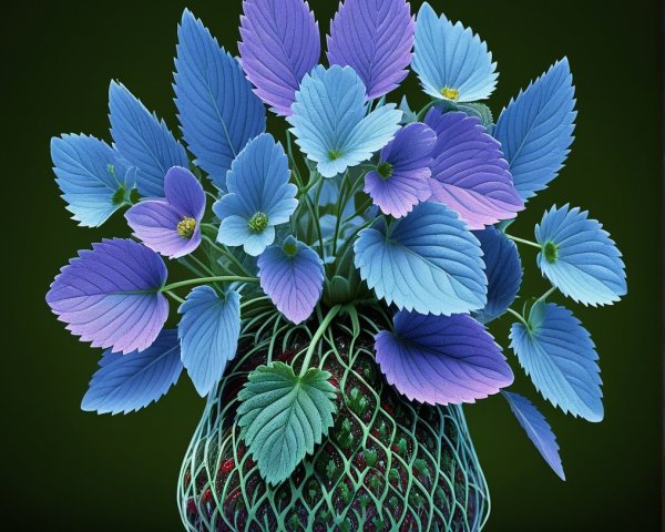Vibrant Blue and Lavender Leaves in Green Mesh Vase