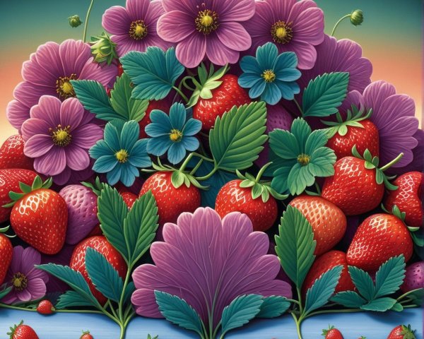 Vibrant Strawberries Surrounded by Colorful Flowers