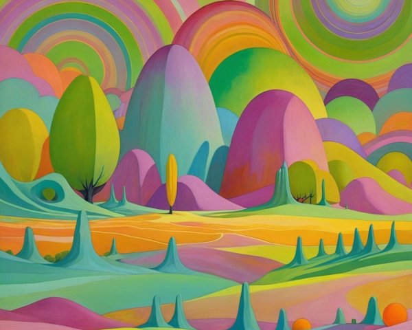 Surreal Landscape with Colorful Rolling Hills and Trees