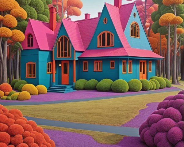 Whimsical House in Vibrant Colors Surrounded by Nature
