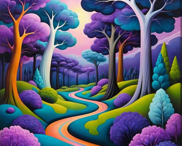 Vibrant Fantasy Landscape with Colorful Foliage and Hills