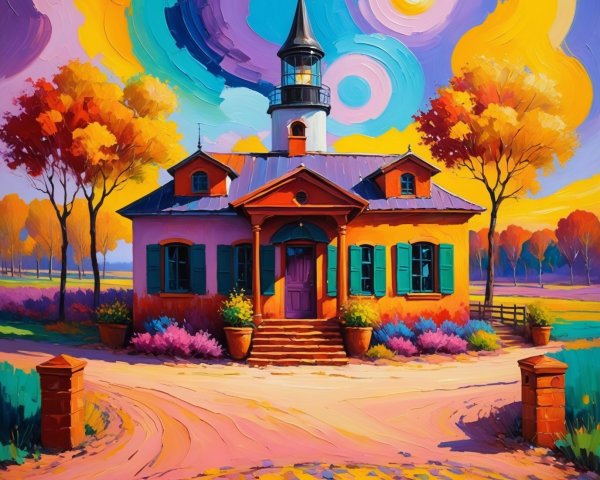 Vibrant Impressionist Painting of a Lighthouse House