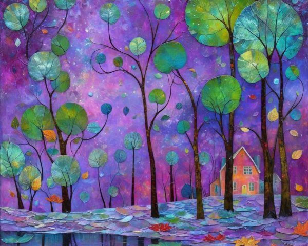 Vibrant Landscape with Whimsical Trees and Purple Sky