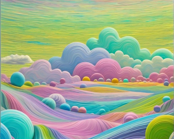 Whimsical Pastel Landscape with Rolling Hills and Clouds