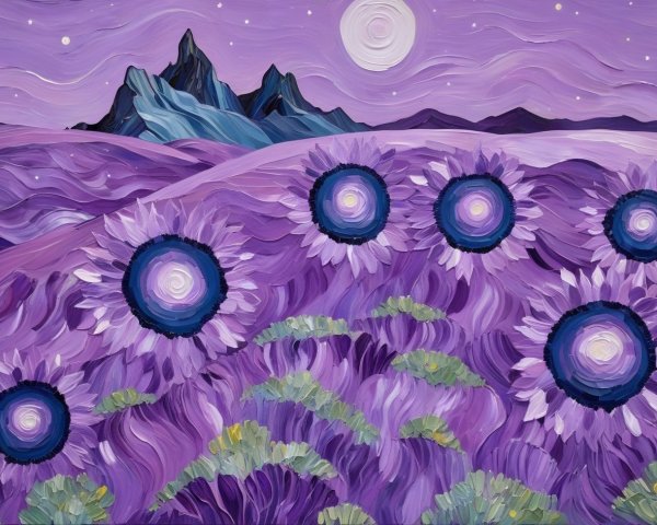Dreamlike Landscape with Purple Hills and Sunflowers