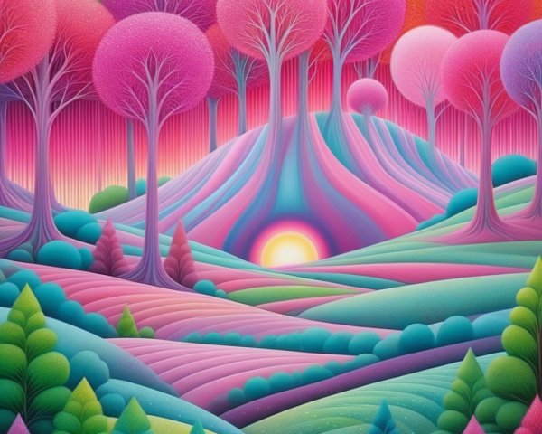 Vibrant Surreal Landscape with Colorful Hills and Trees