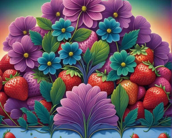 Vibrant Strawberries and Colorful Flowers Arrangement