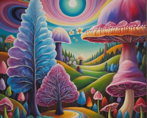 Surreal Landscape with Colorful Mushrooms and Trees