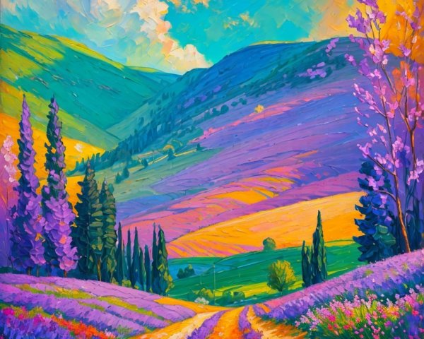 Vibrant Landscape with Purple Hills and Lavender Fields