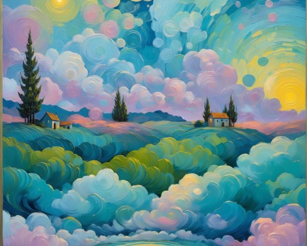 Surreal Landscape with Swirling Colors and Hills