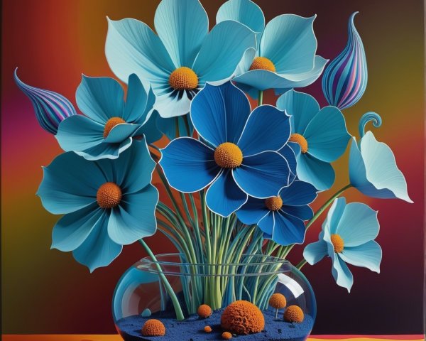 Vibrant Blue Flowers with Orange Centers in Glass Vase
