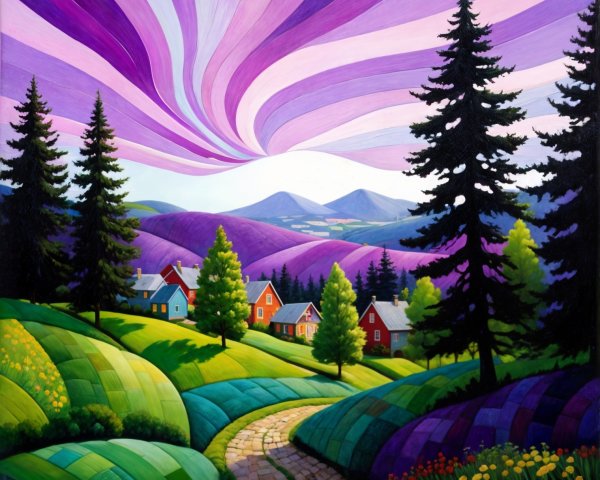 Vibrant Landscape with Colorful Houses and Dramatic Sky