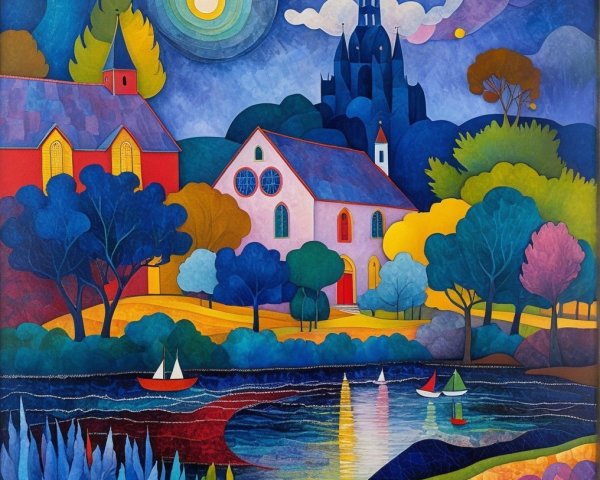 Vibrant Landscape with Lake, Castle, and Sailboats