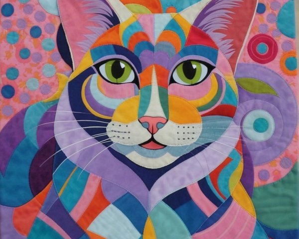 Vibrant Abstract Quilt Design with Cat's Face