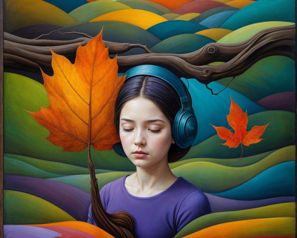 Serene Girl with Headphones in Vibrant Landscape