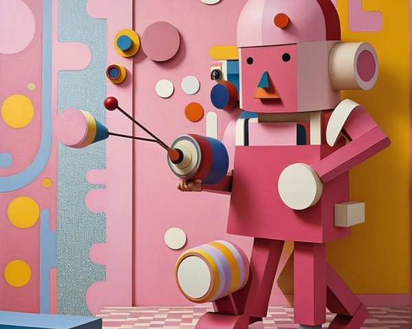 Oversized Whimsical Robot with Vibrant Colors and Shapes