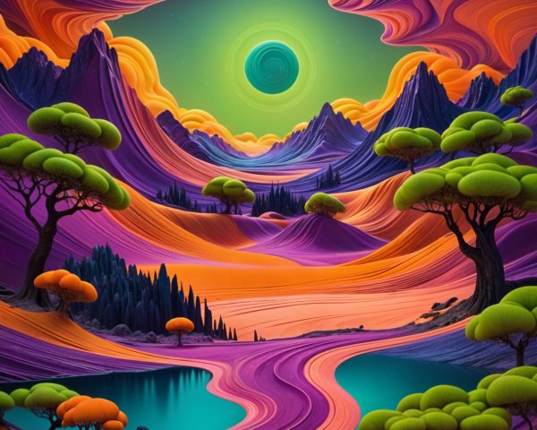Surreal Landscape with Colorful Hills and Green Sun