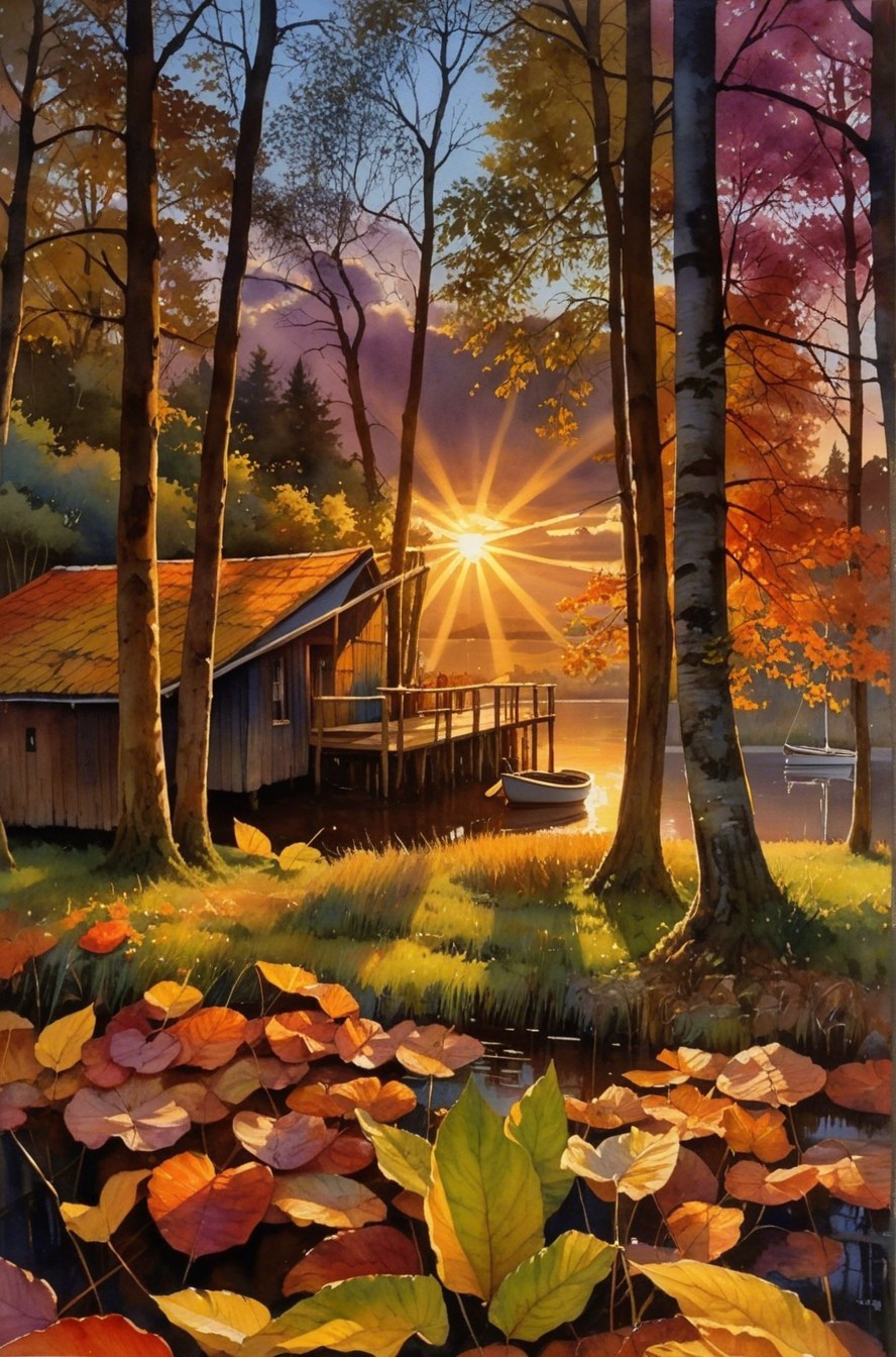 Lakeside Sunset with Cabin and Autumn Leaves