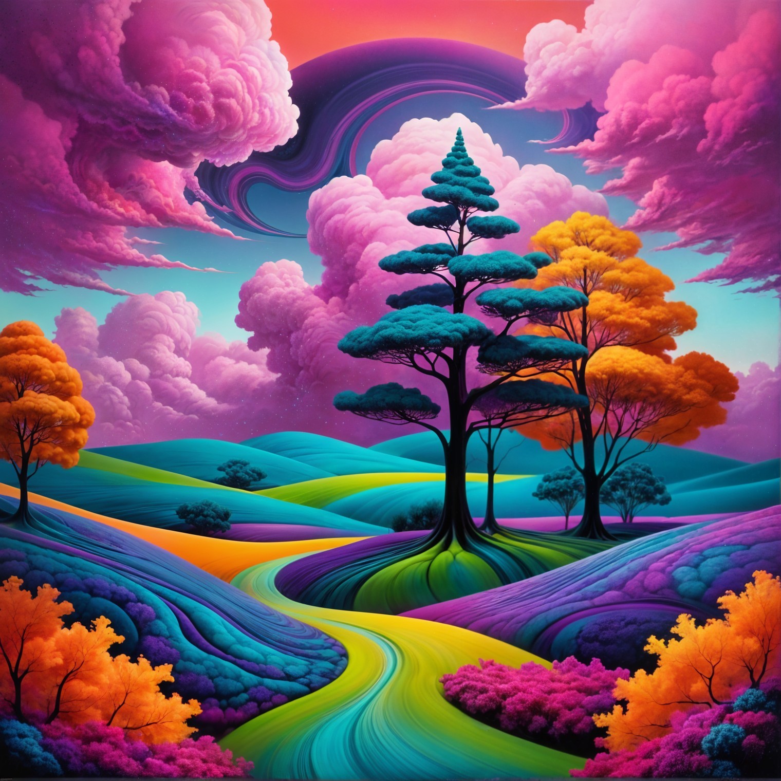 Surreal Landscape with Colorful Hills and Trees