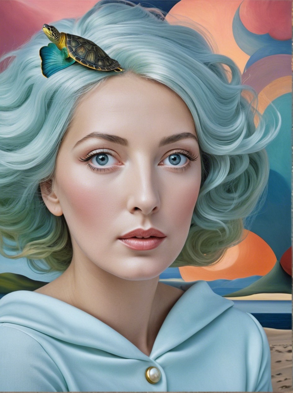 Woman with Pastel Blue Hair and Turtle Accessory