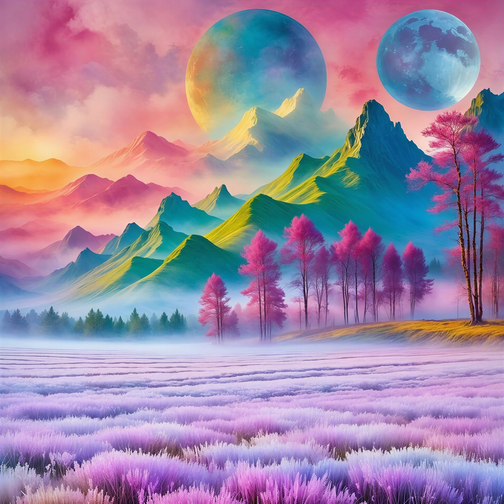 Vibrant Landscape with Lavender Field and Colorful Moons