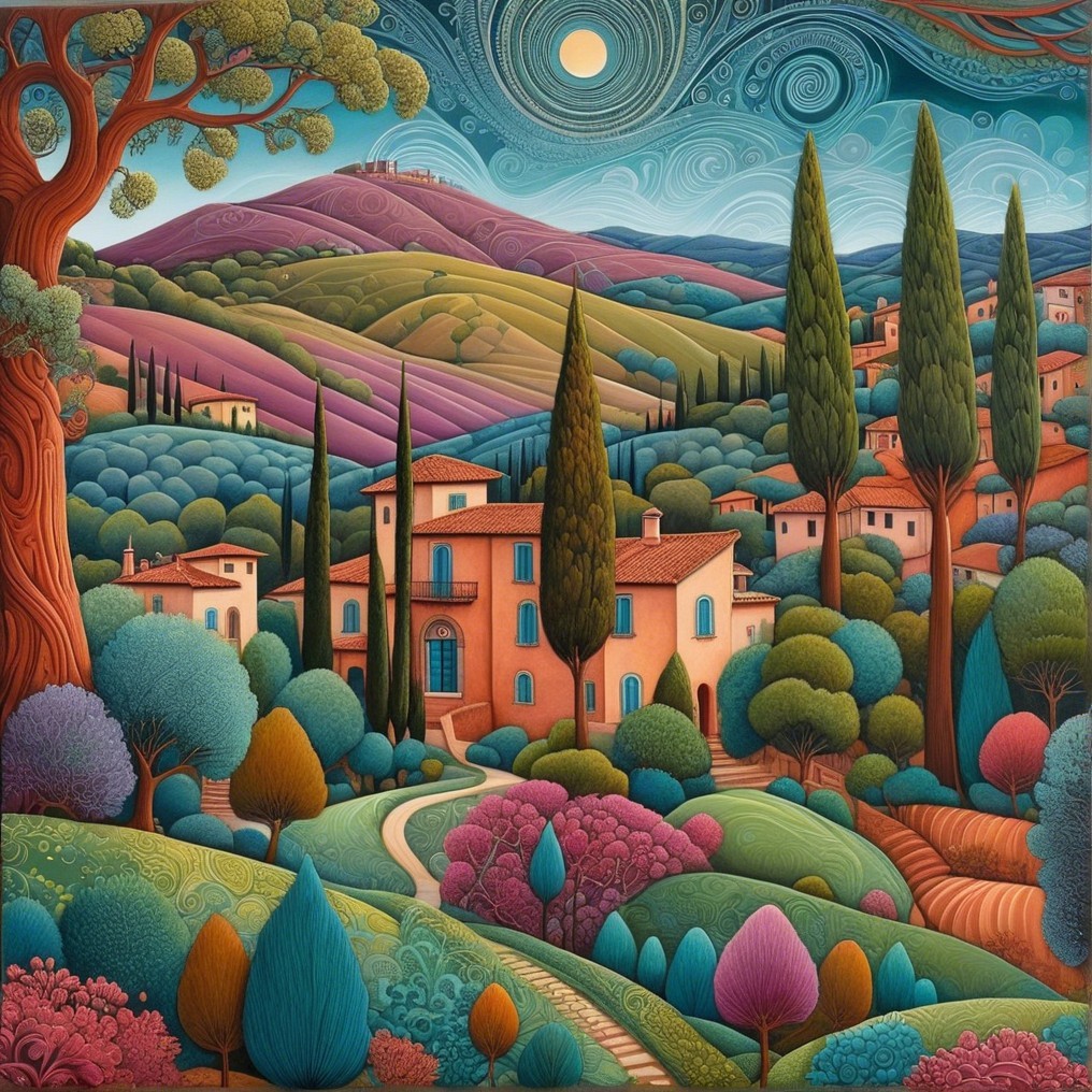 Vibrant Landscape with Rolling Hills and Night Sky